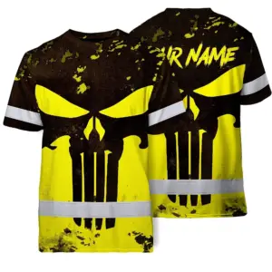 Hi Vis Skull Shirt, Yellow Neon Custom Name High Visibility Short Sleeve Button Down Shirt for Workers, Truckers