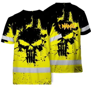 Hi Vis Skull Shirt, Yellow Neon Custom Name High Visibility Short Sleeve Button Down Shirt for Workers, Truckers