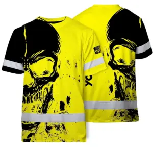 Hi Vis Skull Shirt, Yellow Neon Custom Name High Visibility Short Sleeve Button Down Shirt for Workers, Truckers