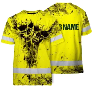 Hi Vis Skull Shirt, Yellow Neon Custom Name High Visibility Short Sleeve Button Down Shirt for Workers, Truckers