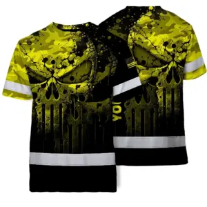 Hi Vis Skull Shirt, Yellow Neon Custom Name High Visibility Short Sleeve Button Down Shirt for Workers, Truckers