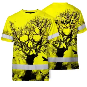 Hi Vis Skull Shirt, Yellow Neon Custom Name High Visibility Short Sleeve Button Down Shirt for Workers, Truckers