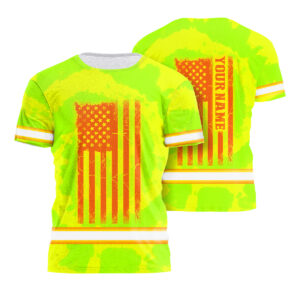 Hi Vis Shirt Reflective Tapes Tie Dye Green And Orange US Flag Custom Name Safety Workwear For Company, Group, Team