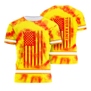 Hi Vis Shirt Reflective Tapes Tie Dye Yellow Red US Flag Custom Name Safety Workwear For Company, Group, Team