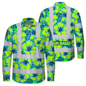 Hi Vis Hawaiian Long Sleeve Shirt Reflective Tapes Blue Neon And Green Flowers Custom Name Safety Workwear For Workers, Truckers, Operators