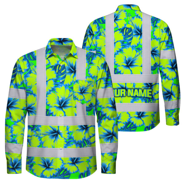 Hi-Vis-Hawaiian-Long-Sleeve-Shirt-Reflective-Tapes-Blue-Neon-And-Green-Flowers-Custom-Name-Safety-Workwear-For-Workers,-Truckers,-Operators-1
