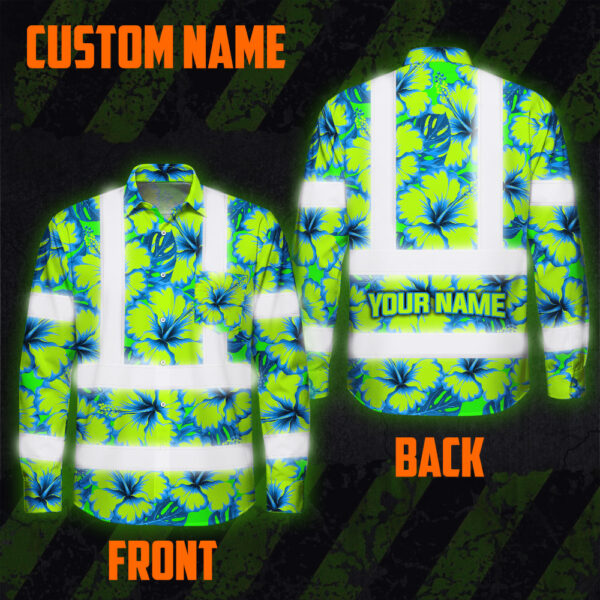 Hi-Vis-Hawaiian-Long-Sleeve-Shirt-Reflective-Tapes-Blue-Neon-And-Green-Flowers-Custom-Name-Safety-Workwear-For-Workers,-Truckers,-Operators-2
