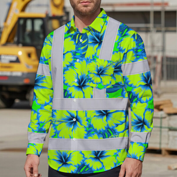 Hi-Vis-Hawaiian-Long-Sleeve-Shirt-Reflective-Tapes-Blue-Neon-And-Green-Flowers-Custom-Name-Safety-Workwear-For-Workers,-Truckers,-Operators-3