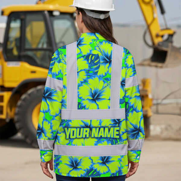 Hi-Vis-Hawaiian-Long-Sleeve-Shirt-Reflective-Tapes-Blue-Neon-And-Green-Flowers-Custom-Name-Safety-Workwear-For-Workers,-Truckers,-Operators-6