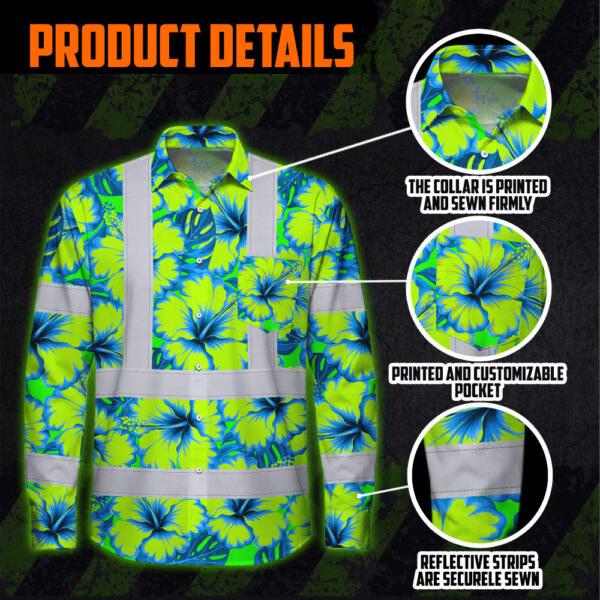 Hi-Vis-Hawaiian-Long-Sleeve-Shirt-Reflective-Tapes-Blue-Neon-And-Green-Flowers-Custom-Name-Safety-Workwear-For-Workers,-Truckers,-Operators-8