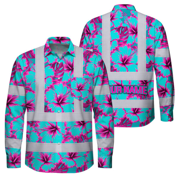 Hi-Vis-Hawaiian-Long-Sleeve-Shirt-Reflective-Tapes-Blue-Neon-And-Pink-Flowers-Custom-Name-Safety-Workwear-For-Workers,-Truckers,-Operators-1