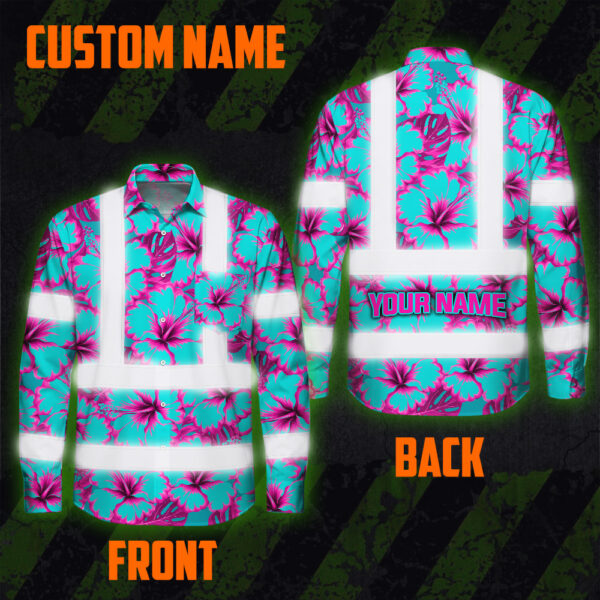 Hi-Vis-Hawaiian-Long-Sleeve-Shirt-Reflective-Tapes-Blue-Neon-And-Pink-Flowers-Custom-Name-Safety-Workwear-For-Workers,-Truckers,-Operators-2