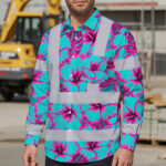 Hi-Vis-Hawaiian-Long-Sleeve-Shirt-Reflective-Tapes-Blue-Neon-And-Pink-Flowers-Custom-Name-Safety-Workwear-For-Workers,-Truckers,-Operators-3
