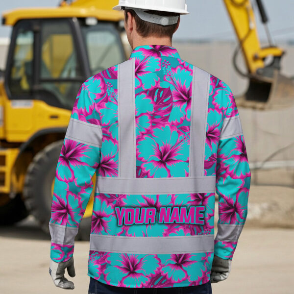 Hi-Vis-Hawaiian-Long-Sleeve-Shirt-Reflective-Tapes-Blue-Neon-And-Pink-Flowers-Custom-Name-Safety-Workwear-For-Workers,-Truckers,-Operators-4