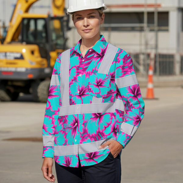 Hi-Vis-Hawaiian-Long-Sleeve-Shirt-Reflective-Tapes-Blue-Neon-And-Pink-Flowers-Custom-Name-Safety-Workwear-For-Workers,-Truckers,-Operators-5