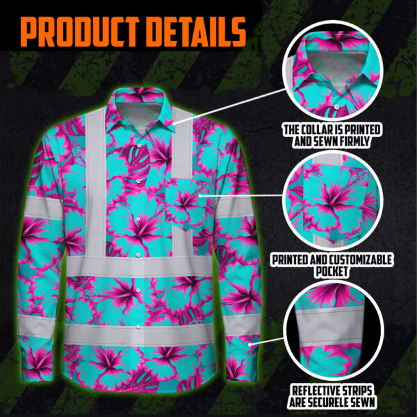 Hi-Vis-Hawaiian-Long-Sleeve-Shirt-Reflective-Tapes-Blue-Neon-And-Pink-Flowers-Custom-Name-Safety-Workwear-For-Workers,-Truckers,-Operators-8