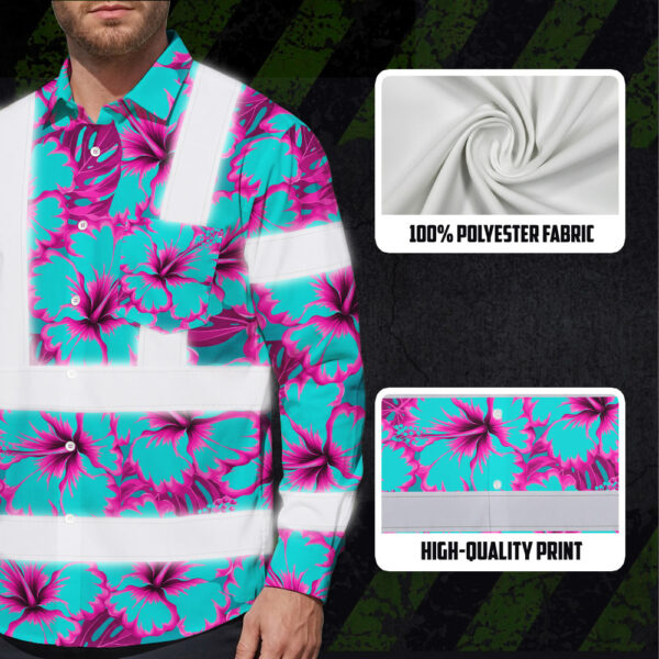 Hi-Vis-Hawaiian-Long-Sleeve-Shirt-Reflective-Tapes-Blue-Neon-And-Pink-Flowers-Custom-Name-Safety-Workwear-For-Workers,-Truckers,-Operators-9