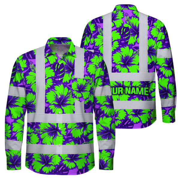 Hi-Vis-Hawaiian-Long-Sleeve-Shirt-Reflective-Tapes-Green-Neon-And-Violet-Flowers-Custom-Name-Safety-Workwear-For-Workers,-Truckers,-Operators-1