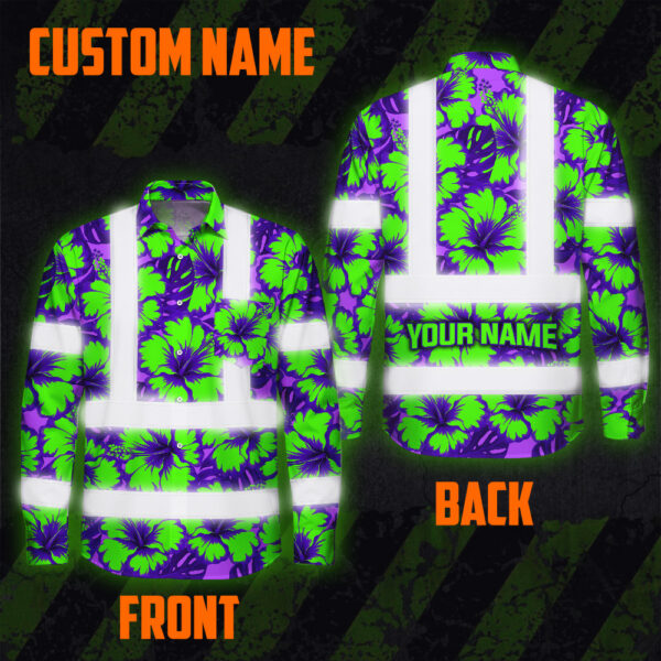 Hi-Vis-Hawaiian-Long-Sleeve-Shirt-Reflective-Tapes-Green-Neon-And-Violet-Flowers-Custom-Name-Safety-Workwear-For-Workers,-Truckers,-Operators-2