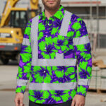 Hi-Vis-Hawaiian-Long-Sleeve-Shirt-Reflective-Tapes-Green-Neon-And-Violet-Flowers-Custom-Name-Safety-Workwear-For-Workers,-Truckers,-Operators-3