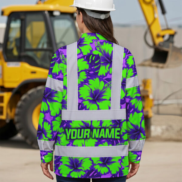 Hi-Vis-Hawaiian-Long-Sleeve-Shirt-Reflective-Tapes-Green-Neon-And-Violet-Flowers-Custom-Name-Safety-Workwear-For-Workers,-Truckers,-Operators-6