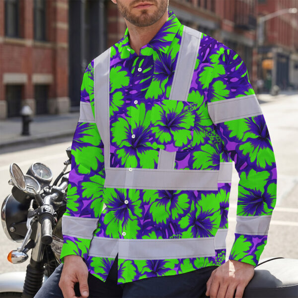 Hi-Vis-Hawaiian-Long-Sleeve-Shirt-Reflective-Tapes-Green-Neon-And-Violet-Flowers-Custom-Name-Safety-Workwear-For-Workers,-Truckers,-Operators-7