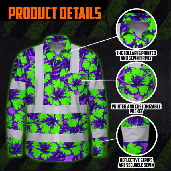 Hi-Vis-Hawaiian-Long-Sleeve-Shirt-Reflective-Tapes-Green-Neon-And-Violet-Flowers-Custom-Name-Safety-Workwear-For-Workers,-Truckers,-Operators-8