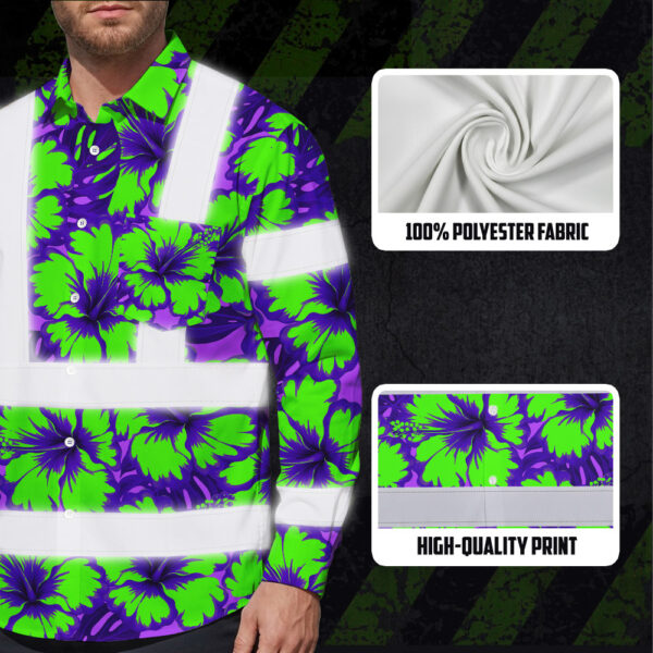 Hi-Vis-Hawaiian-Long-Sleeve-Shirt-Reflective-Tapes-Green-Neon-And-Violet-Flowers-Custom-Name-Safety-Workwear-For-Workers,-Truckers,-Operators-9