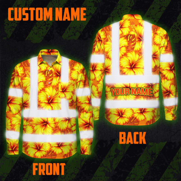 Hi-Vis-Hawaiian-Long-Sleeve-Shirt-Reflective-Tapes-Orange-Neon-And-Yellow-Flowers-Custom-Name-Safety-Workwear-For-Workers,-Truckers,-Operators-2