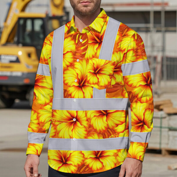 Hi-Vis-Hawaiian-Long-Sleeve-Shirt-Reflective-Tapes-Orange-Neon-And-Yellow-Flowers-Custom-Name-Safety-Workwear-For-Workers,-Truckers,-Operators-3