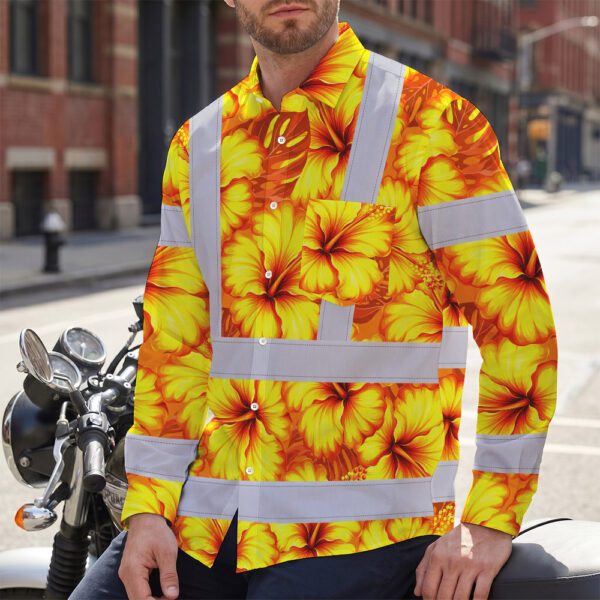 Hi-Vis-Hawaiian-Long-Sleeve-Shirt-Reflective-Tapes-Orange-Neon-And-Yellow-Flowers-Custom-Name-Safety-Workwear-For-Workers,-Truckers,-Operators-7