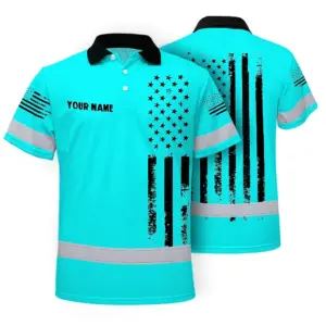 Hi Vis American Flag Polo Shirt, Blue Neon Custom Name Reflective Short Sleeve Button-up Safety Shirt for Workers