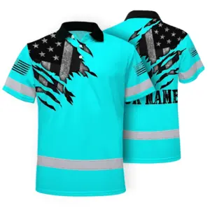 Hi Vis American Flag Polo Shirt, Blue Neon Custom Name Reflective Short Sleeve Button-up Safety Shirt for Workers
