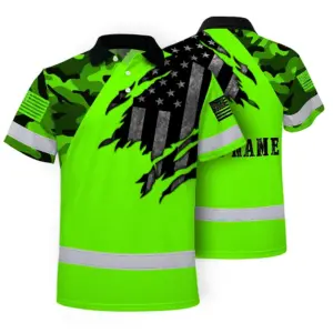Hi Vis American Flag Polo Shirt, Green Neon Custom Name Reflective Short Sleeve Button-up Safety Shirt for Workers