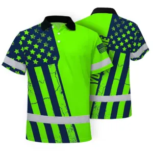 Hi Vis American Flag Polo Shirt, Green Neon Custom Name Reflective Short Sleeve Button-up Safety Shirt for Workers