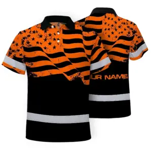Hi Vis American Flag Polo Shirt, Orange Neon Custom Name Reflective Short Sleeve Button-up Safety Shirt for Workers