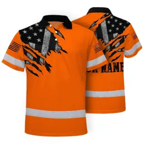 Hi Vis American Flag Polo Shirt, Orange Neon Custom Name Reflective Short Sleeve Button-up Safety Shirt for Workers