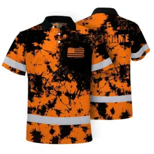 Hi Vis American Flag Polo Shirt, Orange Neon Custom Name Reflective Short Sleeve Button-up Safety Shirt for Workers