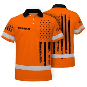 Hi Vis American Flag Polo Shirt, Orange Neon Custom Name Reflective Short Sleeve Button-up Safety Shirt for Workers