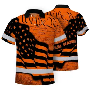 Hi Vis American Flag Polo Shirt, Orange Neon Custom Name Reflective Short Sleeve Button-up Safety Shirt for Workers