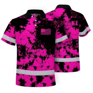 Hi Vis American Flag Polo Shirt, Pink Neon Custom Name Reflective Short Sleeve Button-up Safety Shirt for Workers