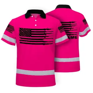 Hi Vis American Flag Polo Shirt, Pink Neon Custom Name Reflective Short Sleeve Button-up Safety Shirt for Workers