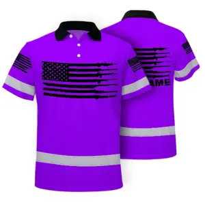 Hi Vis American Flag Polo Shirt, Violet Neon Custom Name Reflective Short Sleeve Button-up Safety Shirt for Workers