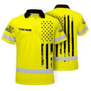 Hi Vis American Flag Polo Shirt, Yellow Neon Custom Name Reflective Short Sleeve Button-up Safety Shirt for Workers
