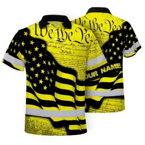 Hi Vis American Flag Polo Shirt, Yellow Neon Custom Name Reflective Short Sleeve Button-up Safety Shirt for Workers