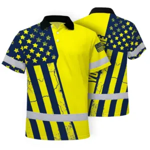 Hi Vis American Flag Polo Shirt, Yellow Neon Custom Name Reflective Short Sleeve Button-up Safety Shirt for Workers