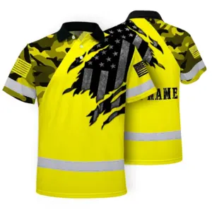 Hi Vis American Flag Polo Shirt, Yellow Neon Custom Name Reflective Short Sleeve Button-up Safety Shirt for Workers