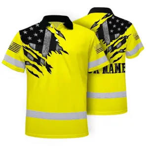 Hi Vis American Flag Polo Shirt, Yellow Neon Custom Name Reflective Short Sleeve Button-up Safety Shirt for Workers
