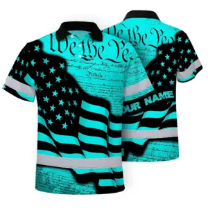 Hi Vis American Polo Flag Shirt, Blue Neon Custom Name Reflective Short Sleeve Button-up Safety Shirt for Workers