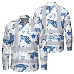 Hi Vis Hawaiian Long Sleeve Shirt Reflective Tapes Blue Flowers Turtle 2 Custom Name Safety Workwear For Workers, Truckers, Operators, Company